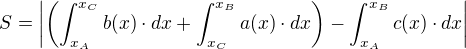 $S =\left|\left( \int_{x_A}^{x_C}b(x)\cdot dx + \int_{x_C}^{x_B}a(x)\cdot dx \right) - \int_{x_A}^{x_B}c(x)\cdot dx\right|$