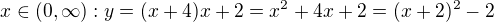 $x\in(0,\infty) : y = (x+4)x + 2 = x^2 + 4x + 2 = (x+2)^2 -2$