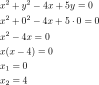 $x^2+y^2-4x+5y=0\nlx^2+0^2-4x+5\cdot 0=0\nlx^2-4x=0\nlx(x-4)=0\nlx_1=0\nlx_2=4$