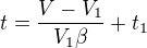 $t=\frac{V-V_1}{V_1\beta}+t_1$