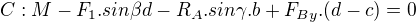 $C: M-F_{1}.sin\beta d-R_{A}.sin\gamma.b +F_{By}.(d-c)=0$