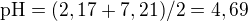 $\mathrm{pH}=(2,17+7,21)/2=4,69$