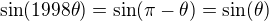 $\sin (1998 \theta) = \sin (\pi-\theta)=\sin (\theta)$