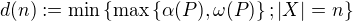 $d(n):=\min \{\max\{\alpha (P),\omega (P)\}; |X|=n\}$