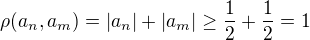 $\rho(a_n,a_m)=|a_n|+|a_m|\geq \frac{1}{2}+\frac{1}{2}=1$
