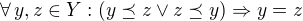 $\forall\, y,z\in Y:(y\preceq z\lor z\preceq y)\Rightarrow y=z$
