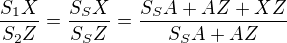 $\frac{S_1X}{S_2Z}=\frac{S_SX}{S_SZ}=\frac{S_SA+AZ+XZ}{S_SA+AZ}$