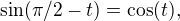 $\sin(\pi/2-t)=\cos(t),$