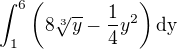 $\int_1^6 \(8\sqrt[3]y-\frac14y^2\)\rm{d}y$