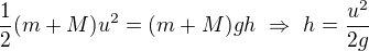 $\frac12(m+M)u^2=(m+M)gh\ \Rightarrow \ h=\frac{u^2}{2g}$