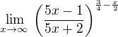 $\lim _{x\to \infty \:}\left(\frac{5x-1}{5x+2}\right)^{\frac{3}{4}-\frac{x}{2}}$
