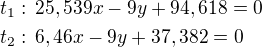 $t_1:\,25,539x-9y+94,618=0\nlt_2:\,6,46x-9y+37,382=0$