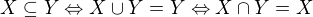 $X\subseteq Y\Leftrightarrow {X\cup Y=Y\Leftrightarrow X\cap Y=X}^{}$