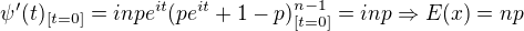 $\psi'(t)_{[t=0]}=inpe^{it}(pe^{it}+1-p)^{n-1}_{[t=0]}=inp \Rightarrow E(x) = np$