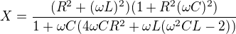 kopírovat do textarea $X = \frac{(R^2 + (\omega L)^2) (1 + R^2 (\omega C)^2)}{1+\omega C (4 \omega C R^2+\omega L(\omega^2 CL-2))}$