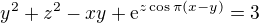 $y^2+z^2-xy+\mathrm{e}^{z\cos \pi \left( x - y \right)}=3$