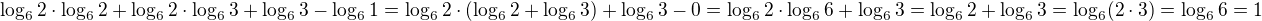 $\log_{6}2\cdot \log_{6}2+\log_{6}2\cdot \log_{6}3+\log_{6}3-\log_{6}1=\log_{6}2\cdot (\log_{6}2+\log_{6}3)+\log_{6}3-0=\log_{6}2\cdot \log_{6}6+\log_{6}3=\log_{6}2+\log_{6}3=\log_{6}(2\cdot 3)=\log_{6}6=1$