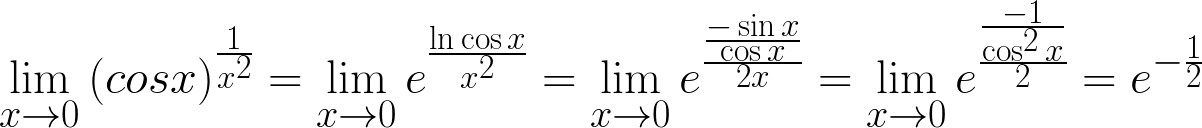 $\Huge{\lim_{x \to 0}{(cos x)^{\frac{1}{x^2}}}=\lim_{x \to 0}{e^{\frac{\ln{\cos{x}}}{x^2}}}=\lim_{x \to 0}{e^{\frac{\frac{-\sin{x}}{\cos{x}}}{2x}}}=\lim_{x \to 0}{e^{\frac{\frac{-1}{\cos^2{x}}}{2}}}=e^{-\frac{1}{2}}}$