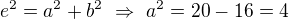 $e^2=a^2+b^2\ \Rightarrow\ a^2=20-16=4$