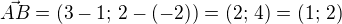kopírovat do textarea $\vec{AB}=(3-1;\,2-(-2))=(2;\,4)=(1;\,2)$