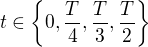 $t\in \{0, \frac{T}{4}, \frac{T}{3}, \frac{T}{2}\}$