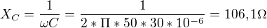 kopírovat do textarea $X_{C}=\frac{1}{\omega C}=\frac{1}{2*\Pi *50*30*10^{-6}}=106,1 \Omega $