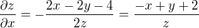 $\frac{\partial z}{\partial x}=-\frac{2x-2y-4}{2z} = \frac{-x+y+2}{z}$