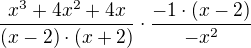$\frac{x^{3}+4x^{2}+4x}{(x-2)\cdot (x+2)}\cdot \frac{-1\cdot (x-2)}{-x^{2}}$