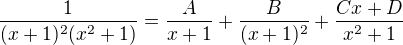 kopírovat do textarea $\frac{1}{(x+1)^{2}(x^{2}+1)}=\frac{A}{x+1}+\frac{B}{(x+1)^{2}}+\frac{Cx+D}{x^{2}+1}$