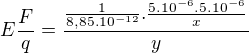 $E\frac{F}{q} =\frac{\frac{1}{8,85 .10^{-12}}.\frac{5.10^{-6 }.5.10^{-6}}x^{}{}}y{}$