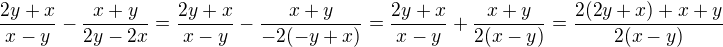 $\frac{2y+x}{x-y}-\frac{x+y}{2y-2x}=\frac{2y+x}{x-y}-\frac{x+y}{-2(-y+x)}=\frac{2y+x}{x-y}+\frac{x+y}{2(x-y)}=\frac{2(2y+x)+x+y}{2(x-y)}$