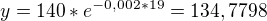 kopírovat do textarea $y=140*e^{-0,002*19}=134,7798$