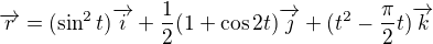$\overrightarrow{r}=(\sin ^{2}t)\overrightarrow{i}+\frac{1}{2}(1+\cos 2t)\overrightarrow{j}+(t^{2}-\frac{\pi }{2}t)\overrightarrow{k}$