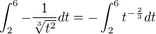 $\int_{2}^{6} - \frac{1}{\sqrt[3]{t^{2}}}dt = - \int_{2}^{6} t^{-\frac{2}{3}}dt$