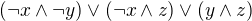 kopírovat do textarea $(\neg x \wedge \neg y) \vee (\neg x \wedge z) \vee (y\wedge z)$