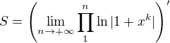 kopírovat do textarea $S=\( \lim_{n\to +\infty}{\prod_{1}^{n}}\ln|1+x^k| \)' $