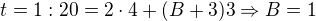 $t=1:20=2\cdot 4+(B+3)3\Rightarrow B=1$