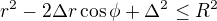 $r^2-2\Delta r\cos\phi+\Delta^2\le R^2$
