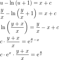 $u - \ln{\left(u+1\right)} =x+c\nl \frac{y}{x}-\ln{\left(\frac{y}{x}+1\right)}=x+c\nl\ln{\left(\frac{y+x}{x}\right)}=\frac{y}{x}-x+c\nl c\cdot\frac{y+x}{x}=\mathrm{e}^{\frac{y}{x}-x}\nl c\cdot\mathrm{e}^x\cdot\frac{y+x}{x}=\mathrm{e}^{\frac{y}{x}}$