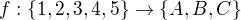 $f:\{1,2,3,4,5\}\to\{A,B,C\}$