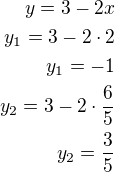 $y=3-2x\\y_1=3-2\cdot 2\\y_1=-1\\y_2=3-2\cdot\frac 65\\y_2=\frac 35$