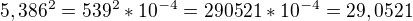 $5,386^2=539^2*10^{-4}=290521*10^{-4}=29,0521$