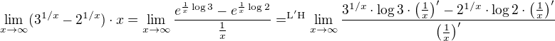 $\lim_{x\to \infty} (3^{1/x}-2^{1/x})\cdot x = \lim_{x\to \infty} \frac{e^{\frac 1x \log 3}-e^{\frac 1x \log 2}}{\frac 1x} =^{\mathrm{L'H}} \lim_{x\to \infty} \frac{3^{1/x} \cdot \log 3 \cdot \(\frac 1x\)'-2^{1/x}\cdot \log 2 \cdot \(\frac 1x\)'}{\(\frac 1x\)'} $