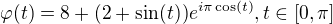 $\varphi(t) = 8 + (2+\sin(t))e^{i \pi \cos(t)}, t \in [0,\pi]$