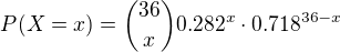 $P(X=x) = {36 \choose x}0.282^x \cdot 0.718^{36-x}$