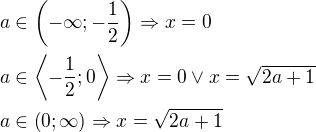 $a\in \(-\infty;-\frac{1}{2}\)\Rightarrow x=0\nla\in\left\langle-\frac{1}{2};0\right\rangle\Rightarrow x=0\vee x=\sqrt{2a+1}\nla\in \(0;\infty\)\Rightarrow x=\sqrt{2a+1}$