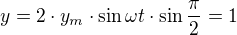 $y= 2\cdot y_{m}\cdot \sin\omega t\cdot \sin \frac{\pi }{2}= 1$
