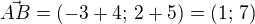 $\vec{AB}=(-3+4;\,2+5)=(1;\,7)$