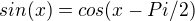 $sin(x)=cos(x-Pi/2)$