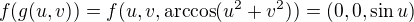 $f(g(u,v)) = f (u,v,\text{arccos}(u^2+v^2)) = (0, 0, \sin u) $
